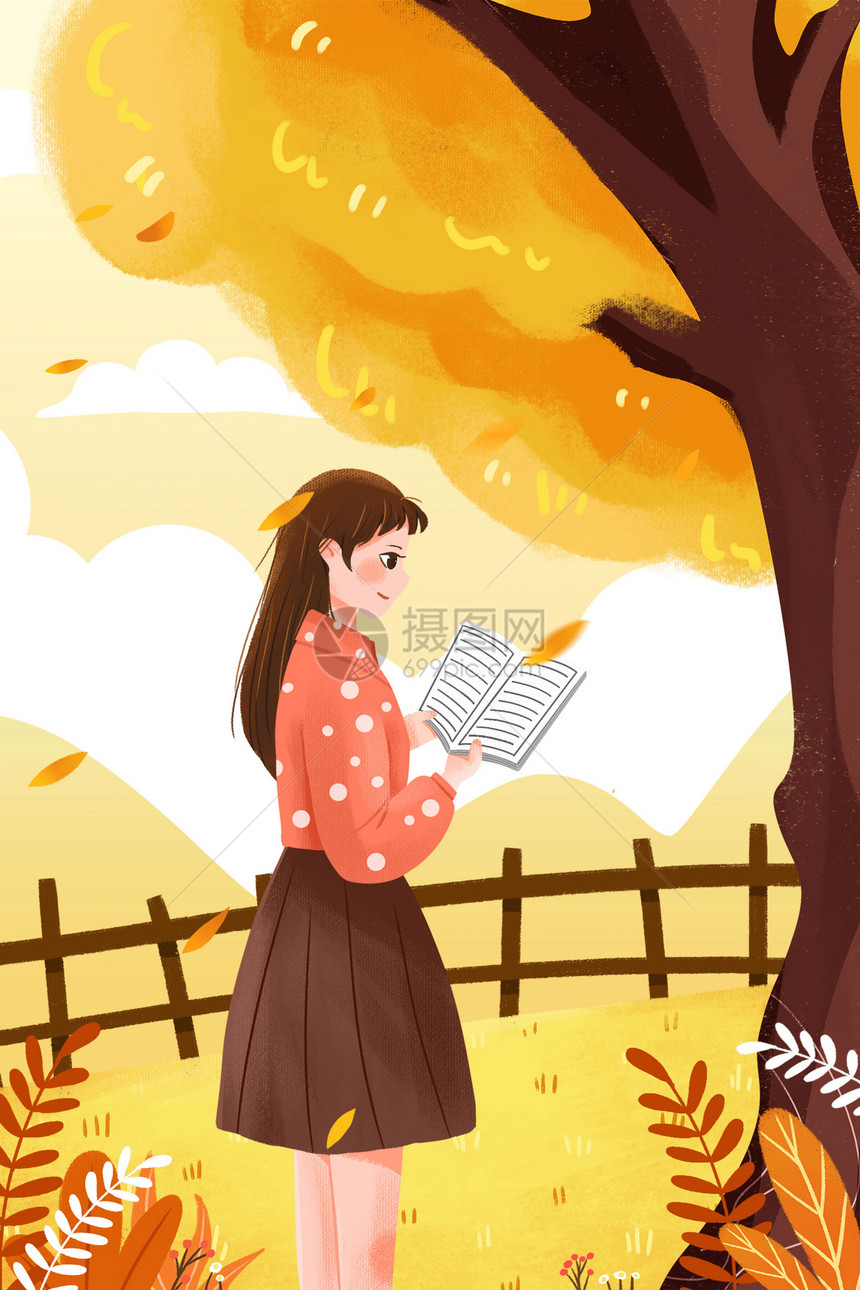 秋天读书的女孩图片
