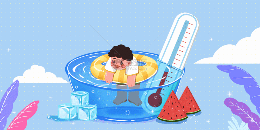 炎热夏季高温预警插画GIF图片