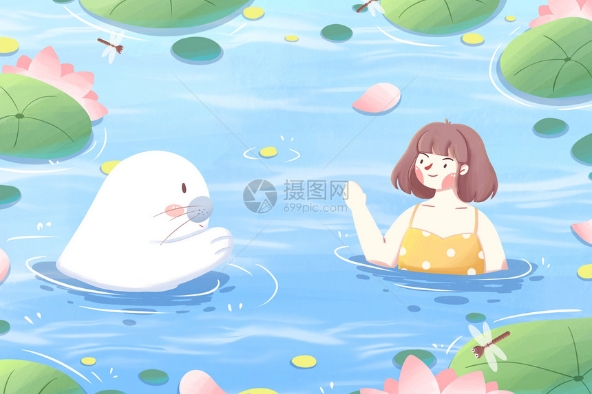 夏日女孩与海豹插画图片