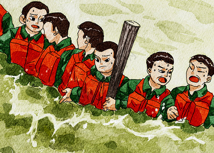 灾害救援抗洪的武警战士插画
