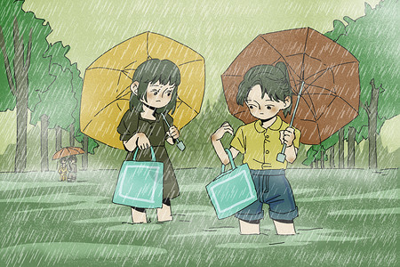 城市暴雨暴雨中寸步难行的市民插画