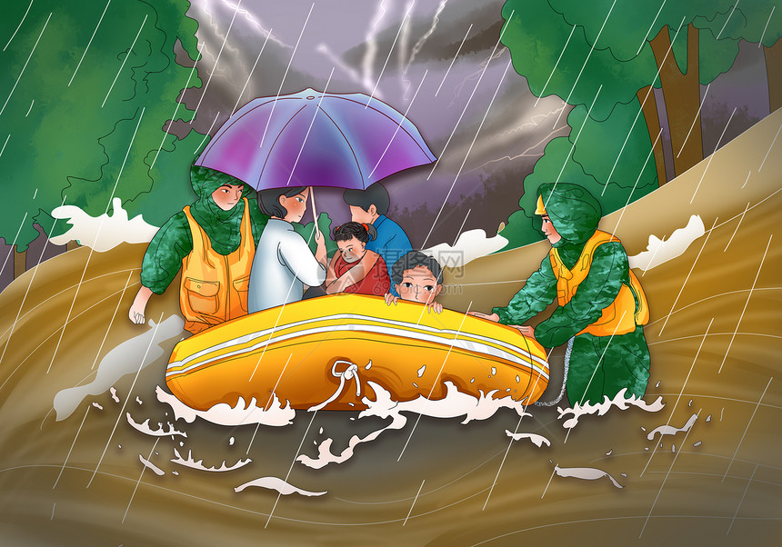 洪水中消防员暴雨救人皮艇战士图片