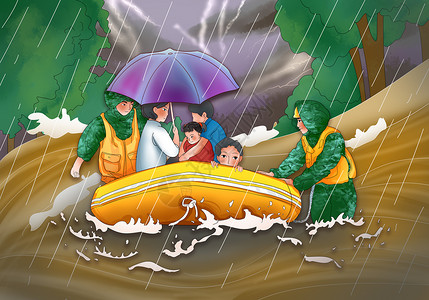 洪水中消防员暴雨救人皮艇战士插画