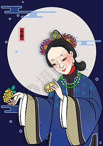 中国美女壁纸国潮复古美女中秋吃月饼插画