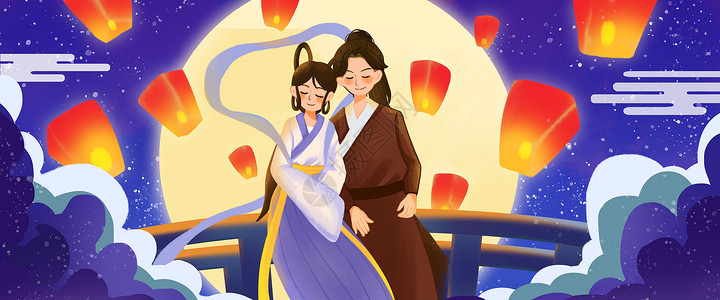 织女踩着祥云七夕牛郎织女banner插画插画