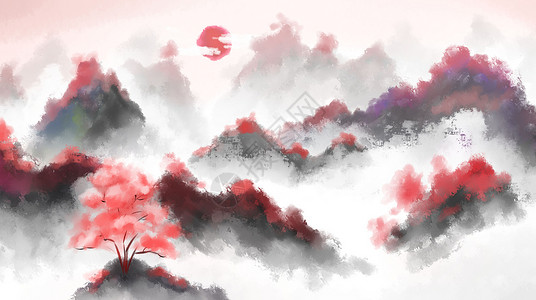 秋天红叶山水水墨画背景图片