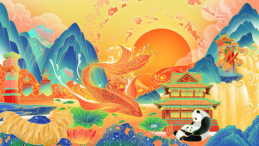 国潮广州旅游区插画背景图片