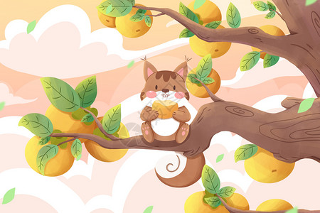 松鼠在柿子树上卡通插画图片