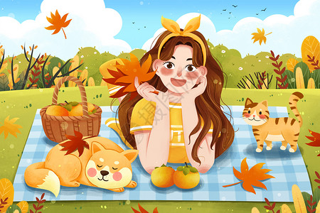 猫与草地素材二十四节气立秋女孩与猫狗落叶秋天秋游插画插画