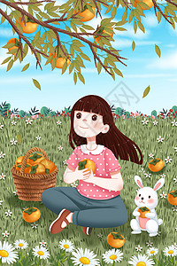 果园生草秋天草地上的女孩和小兔子插画