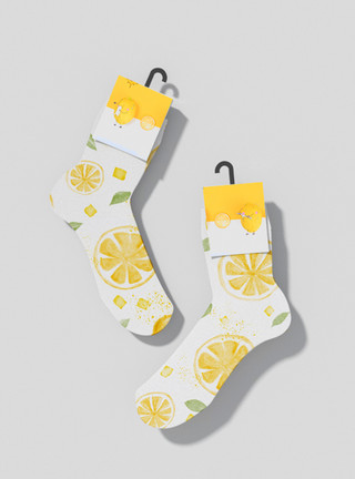 柠檬精致袜子长筒袜可爱柠檬清新样机包装模板