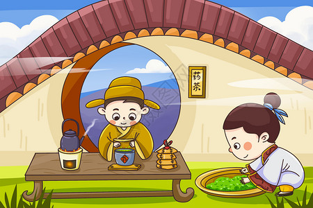 古人吃饭处暑时节煎药茶的古人插画