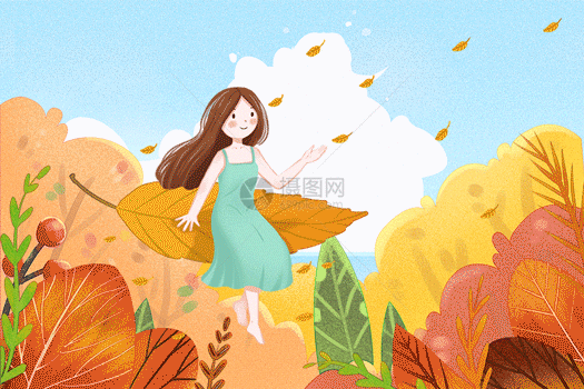 秋天坐在树叶上起飞的女孩GIF图片