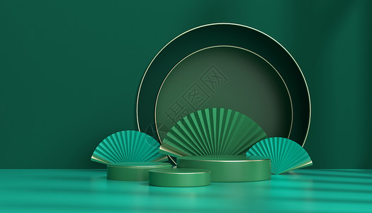 折扇扇子绿色国潮风展台场景设计图片