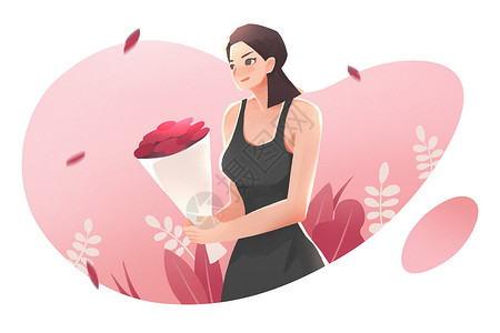 母亲节粉色玫瑰一个女人手捧鲜花插画