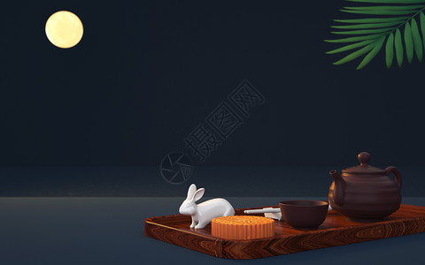 中式桌子茶具3D中秋节背景设计图片