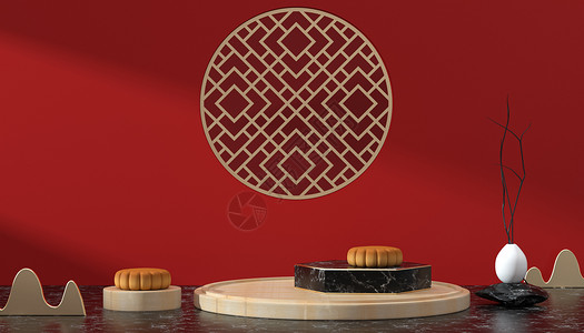 红色月饼包装中秋电商展台场景设计图片