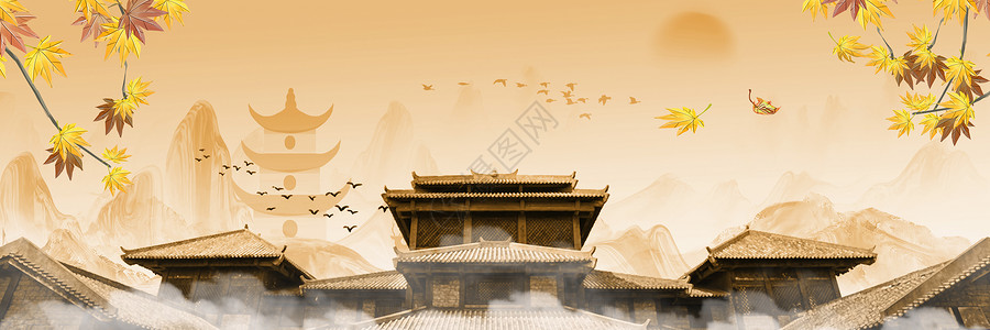 杭州秋景古风秋天背景设计图片