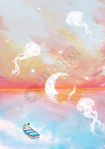 海底少女与水母海上明月梦幻唯美插画插画