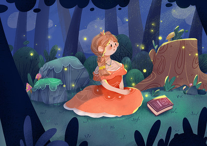 夜晚的夏天童话故事插画图片
