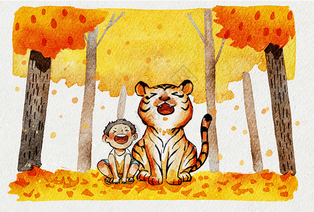 秋天秋老虎和小男孩水彩画背景图片