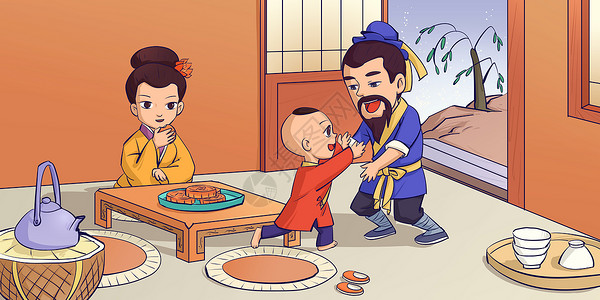 置物架图片中秋一家人赏月吃月饼插画