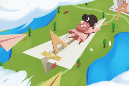 飞翔小女孩开学啦纸飞机飞向学校gif动图高清图片