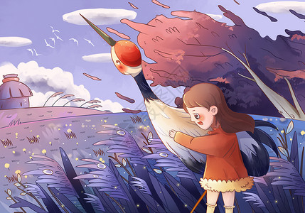 白露节气仙鹤和少女在芦苇中插画图片