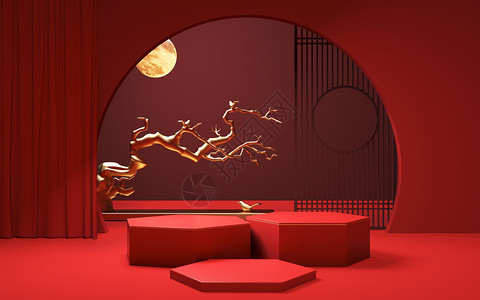 古人赏月喜庆红色中式展台设计图片