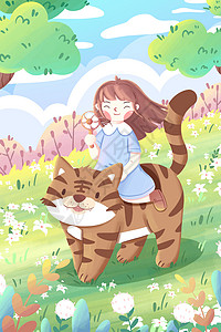 夏日女孩与秋老虎森林插画图片