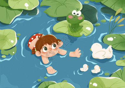 夏天池塘青蛙处暑节气池塘小女孩与青蛙GIF插画高清图片
