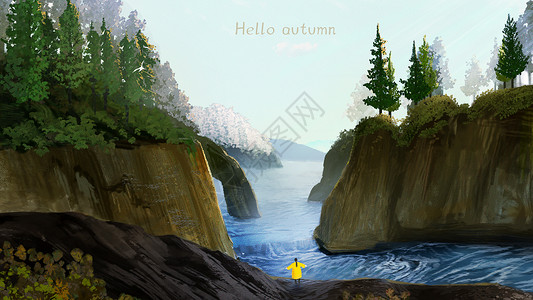 森林峡谷秋天你好峡谷河流徒步旅行插画