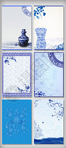 青色花卉复古青花瓷背景素材设计图片