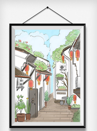 水彩灯笼素材水彩水墨中国风城市乡镇街道江南风景模板