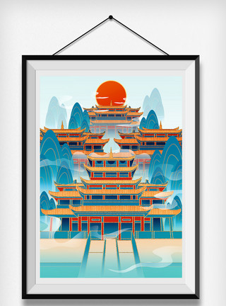 古建筑插画鎏金中国风古建筑风景插画模板