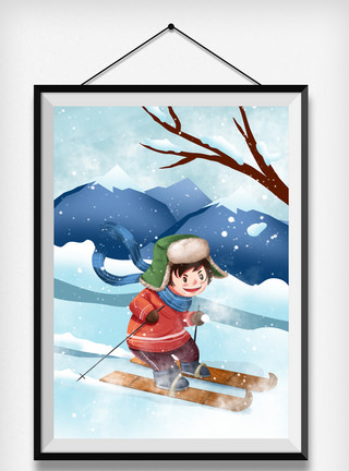 大寒之雪中少女插画大寒节气滑雪插画模板