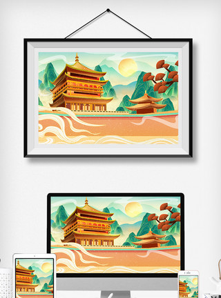 古风建筑插画中国风古风国潮山水建筑插画模板