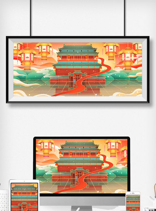 中国风城市插画国潮北京鼓楼建筑地标插画模板