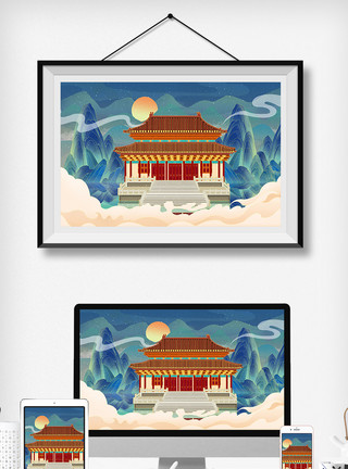 古风建筑插画中国风国潮古风山水建筑插画模板