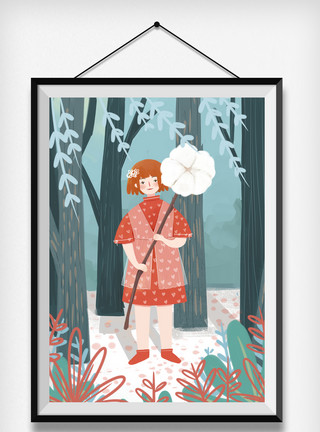 女孩拿着小旗子小清新插画小森林女孩旅行模板