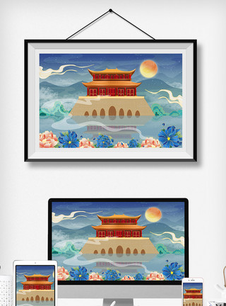 古风建筑插画中国风古风国潮山水建筑插画模板