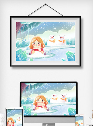 雪中的小女孩小雪场景唯美插画小女孩玩雪堆雪人场景模板