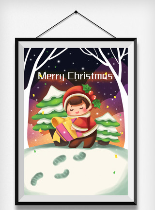 下雪夜圣诞节可爱插画模板