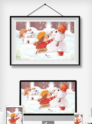 人物雪小雪节气可爱插画堆雪人可爱人物树林积雪模板