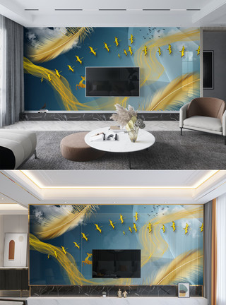 北欧室内设计效果图新中式传统装饰金色简约背景墙模板