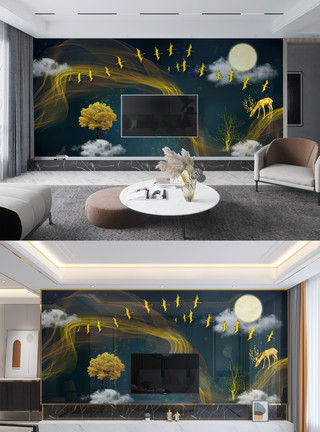 北欧室内设计效果图新中式传统装饰金色简约背景墙模板