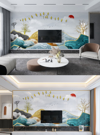 传统水墨山水国画新中式传统装饰金色简约背景墙模板