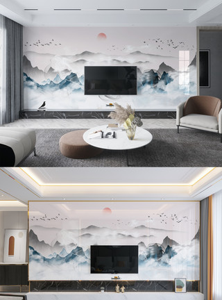 几何鹿中国风山水装饰画背景墙模板