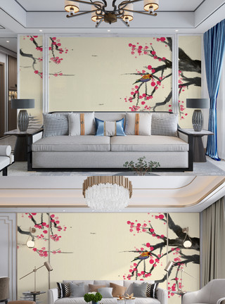 新中式家工笔花鸟电视背景墙模板