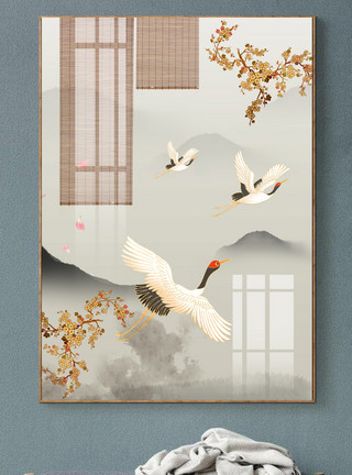 候鸟ps素材新中式国潮中国风祥云仙鹤喜鹊装饰画模板
